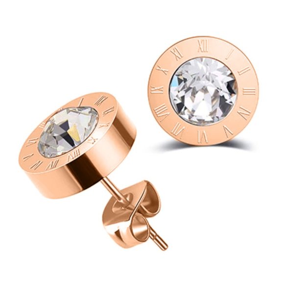 Jewelry - Roman Numeral Stainless Steel Rose Gold Stud Earrings With Diamond